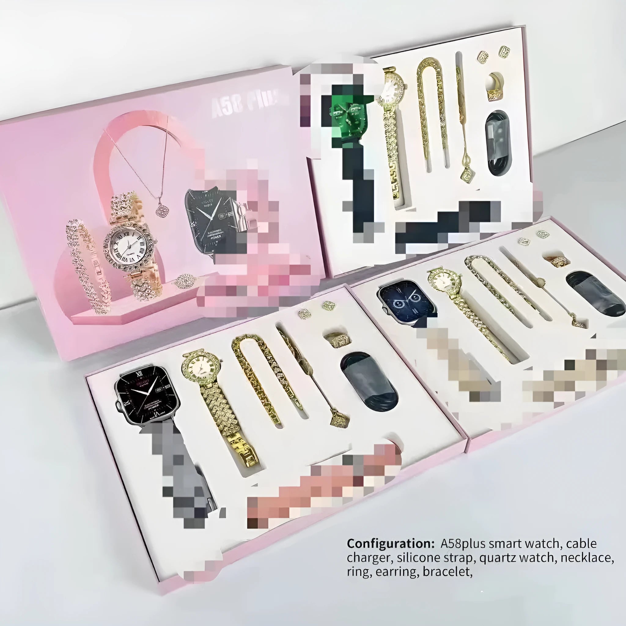 A58PLUS smart watch showing touch screen, on adjustable strap, with charger.