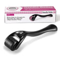 Black and purple derma roller with titanium microneedles showing six needle size options from 0.2mm to 1.0mm