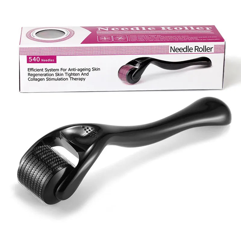 Black and purple derma roller with titanium microneedles showing six needle size options from 0.2mm to 1.0mm