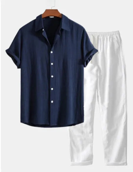 Casual cotton linen beachwear short sleeve suit in navy blue with half sleeves and full-length trousers