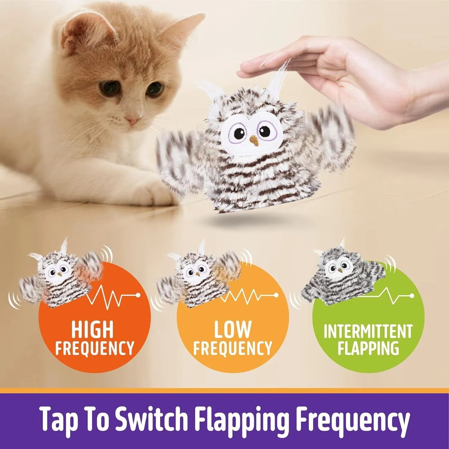 Grey automatic chirping owl cat toy with flapping wings