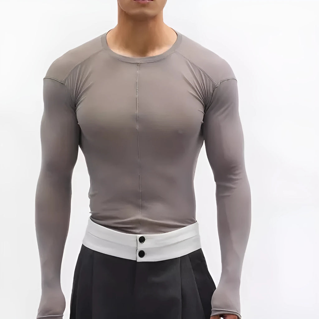 Black mesh texture slim-fit pullover with long sleeves and round collar