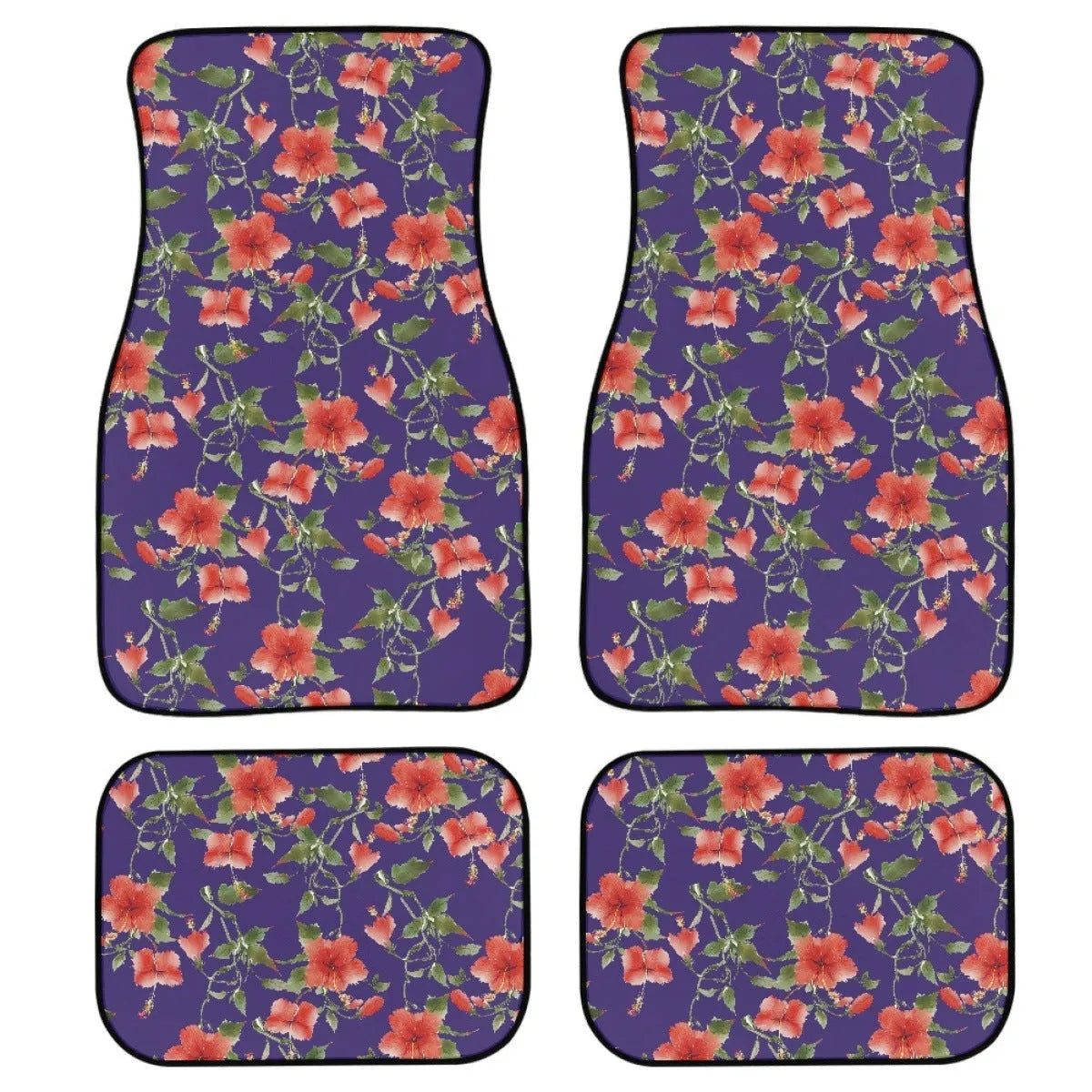 Black four-piece rubber car foot mat set showing textured surface and 20mm thick edge.