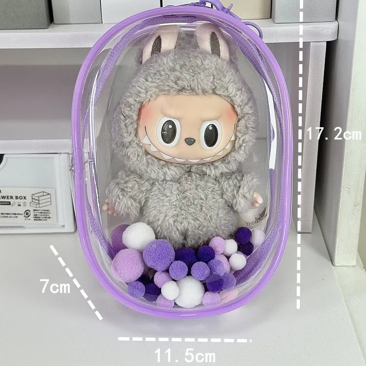 Transparent PVC cube storage bag for cotton dolls with keychain in multiple colour options
