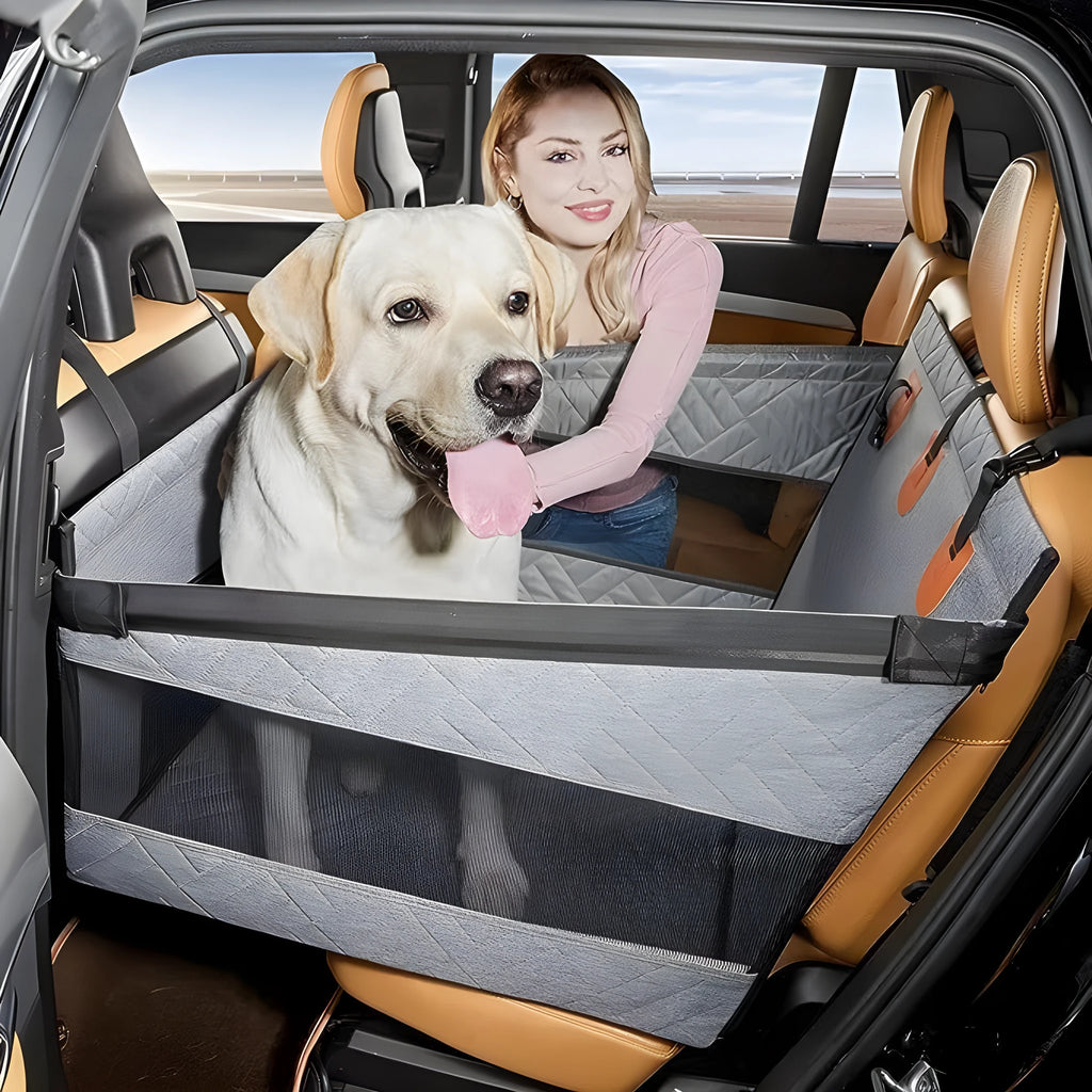 Grey water resistant dog bed measuring 56cm square with 40cm sides