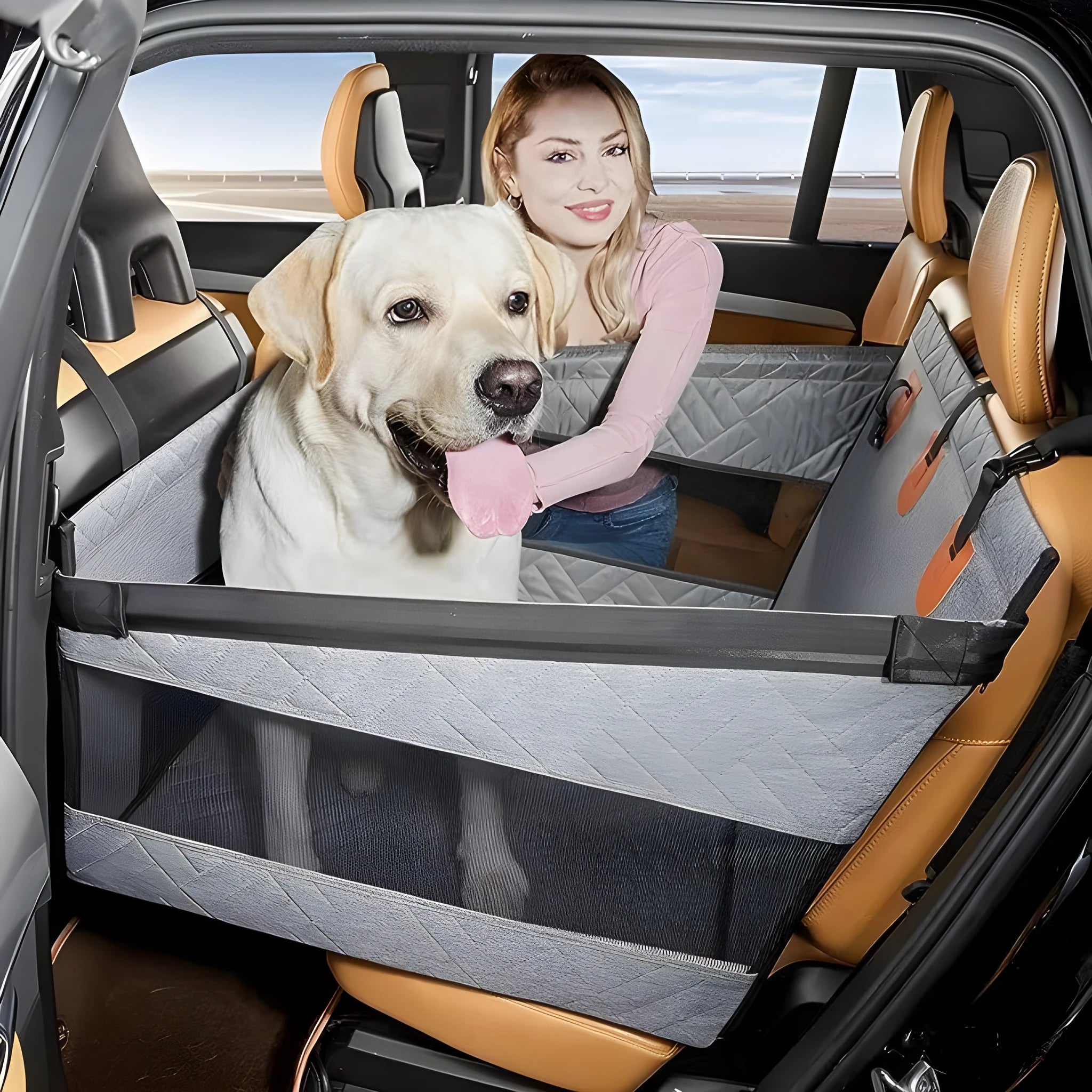 Grey water resistant dog bed measuring 56cm square with 40cm sides