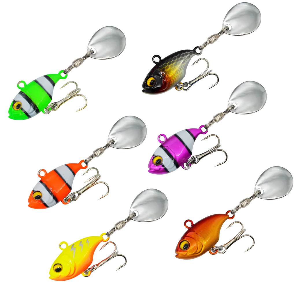 Metal fishing lure with rotating sequins in multiple colour patterns for freshwater and saltwater angling
