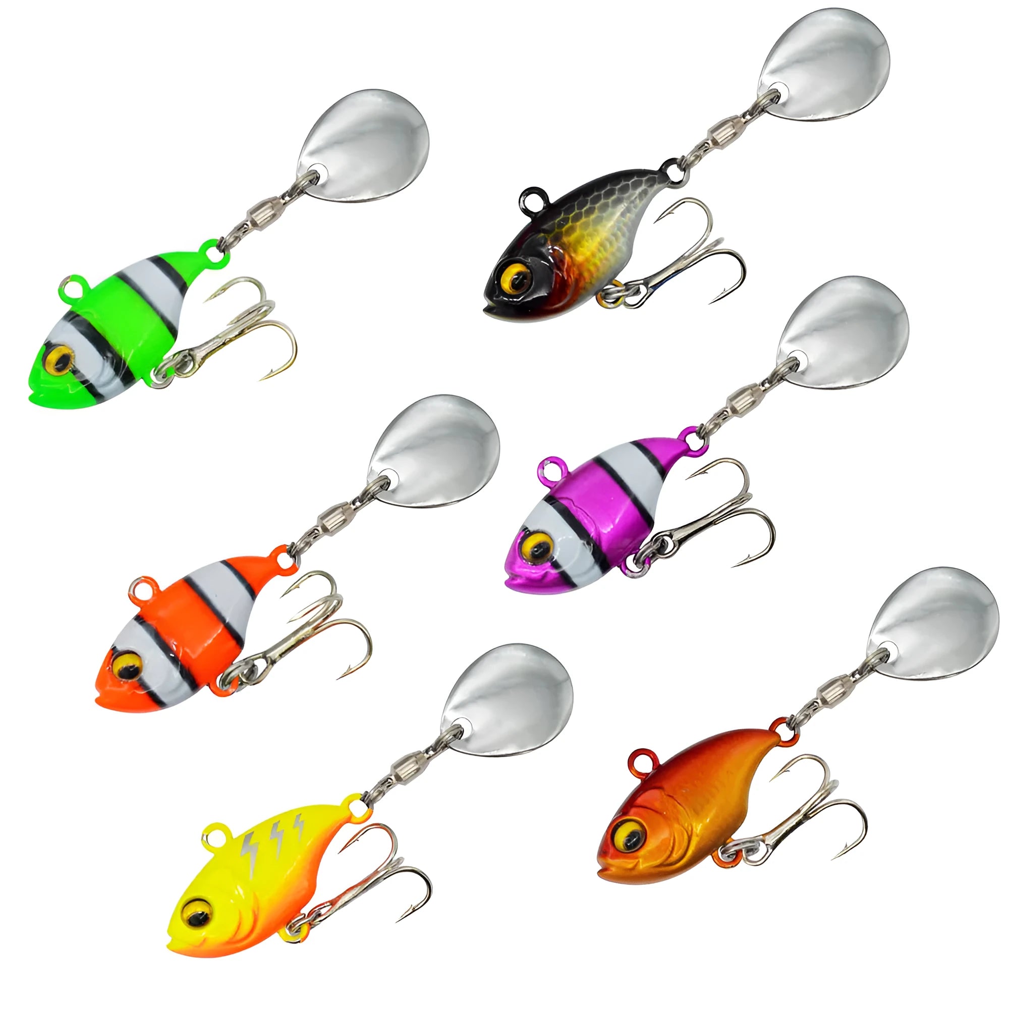 Metal fishing lure with rotating sequins in multiple colour patterns for freshwater and saltwater angling