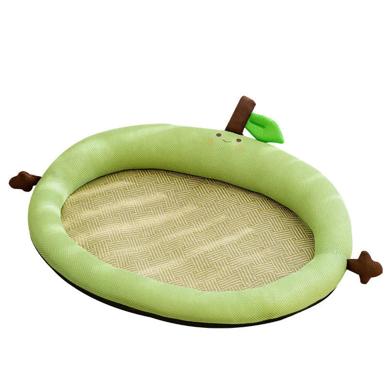 Green fruit-shaped backrest pet cooling mat nest for dogs and cats on a wooden floor.
