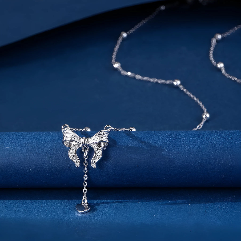 S925 silver butterfly heart pendant necklace on O-ring chain showing adjustable 40-45cm length