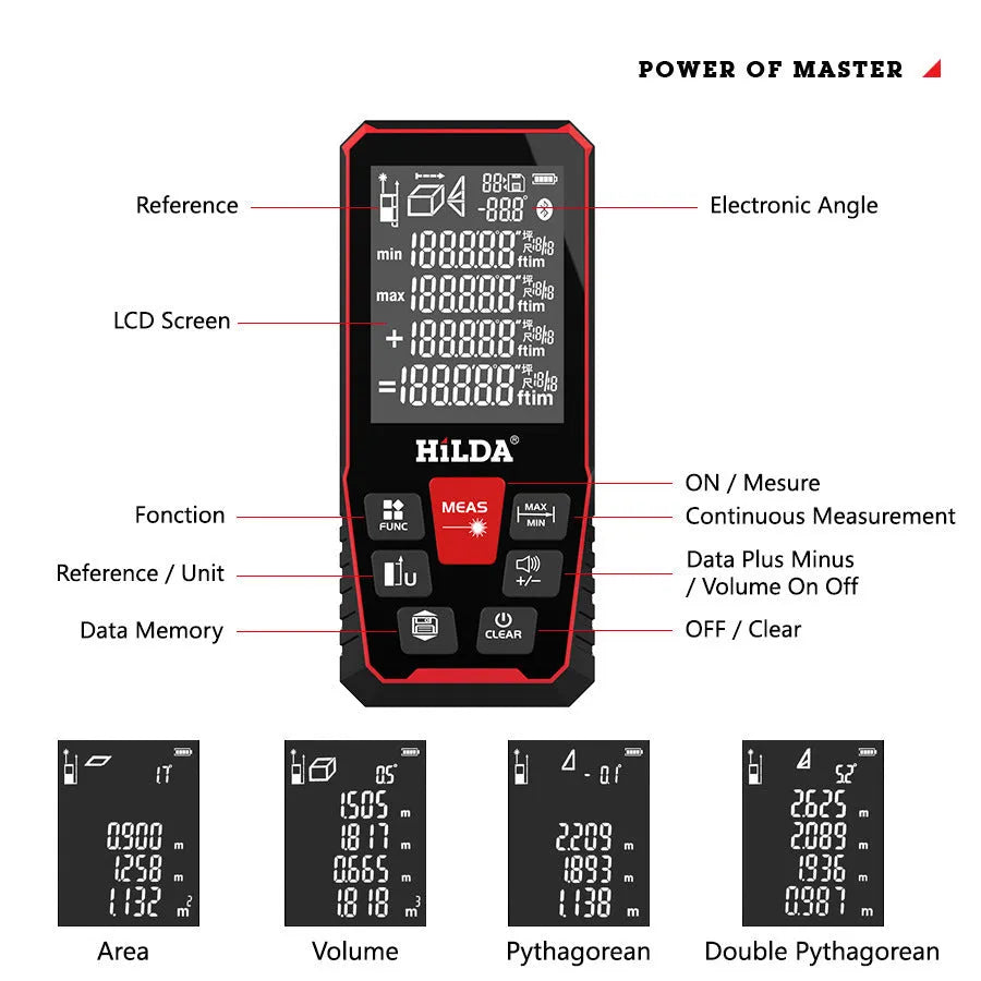 Handheld laser rangefinder for indoor distance measurement, available in 100m or 120m range models.