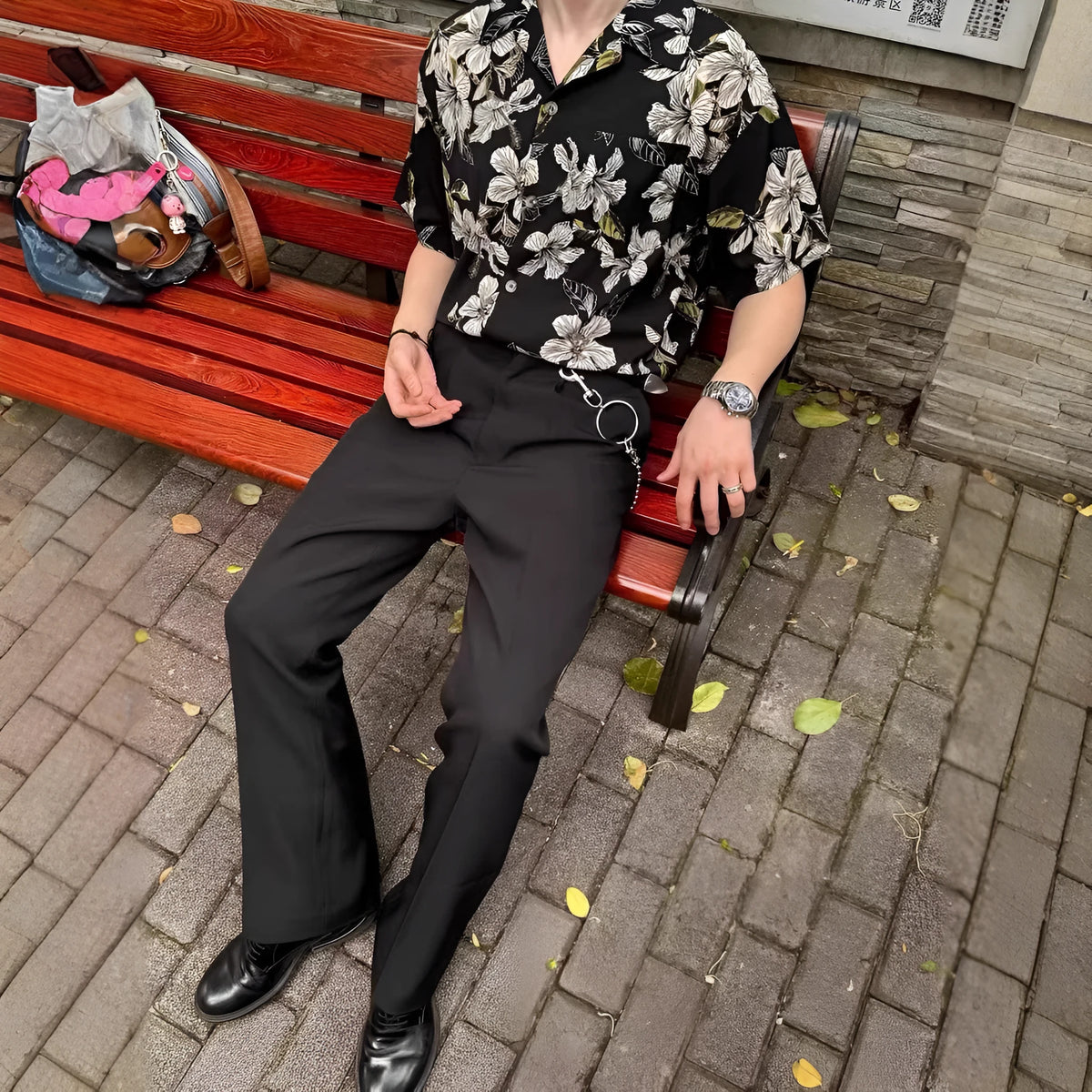 Black men's vintage Cuban collar short sleeve shirt with floral print and loose fit