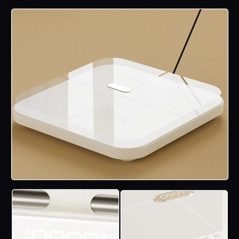 White tempered glass smart body fat scale with 8 metal electrodes and LED display