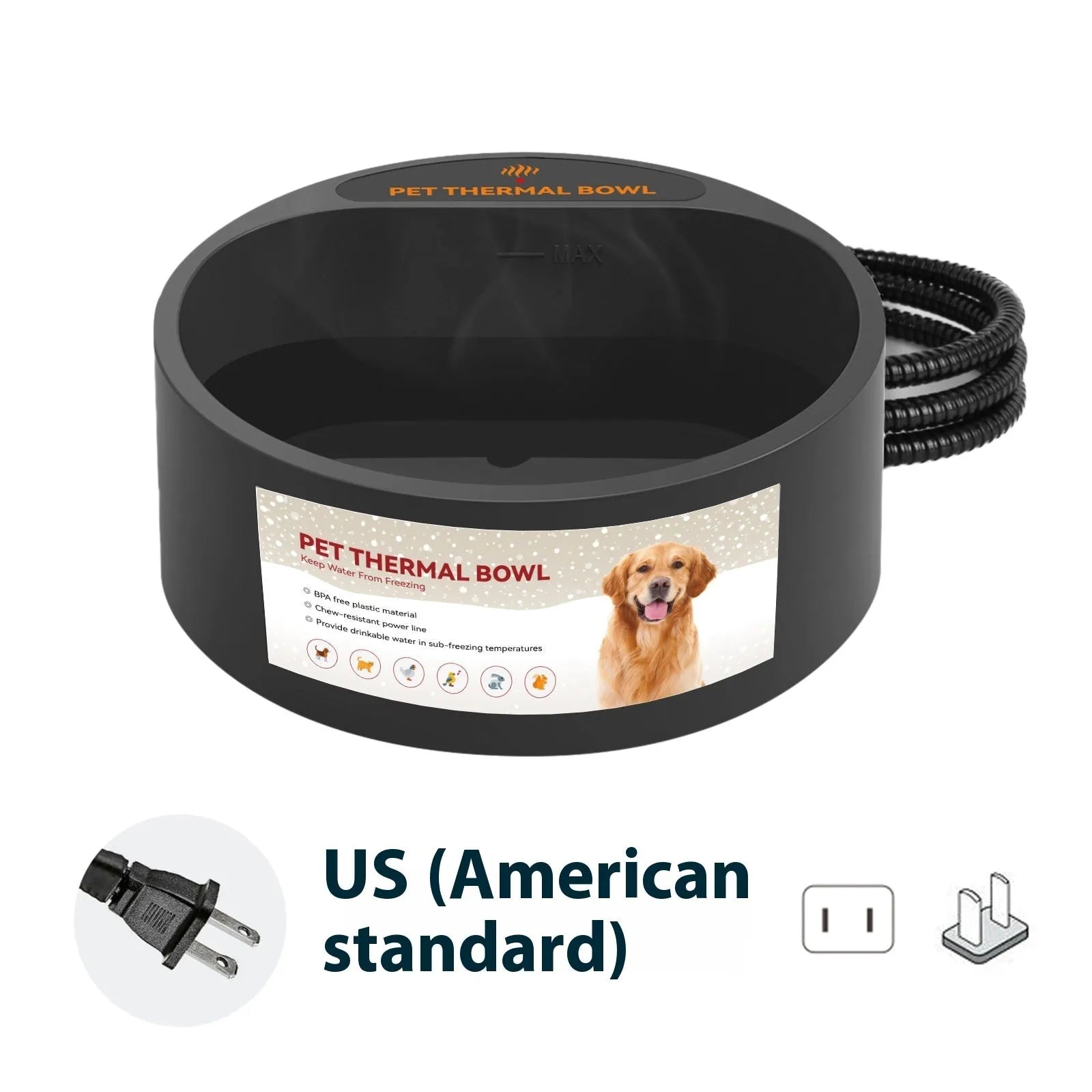 Black ABS pet heating bowl with constant temperature function, 2.2L capacity.