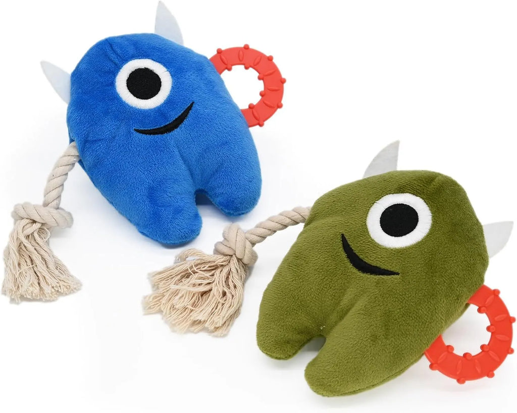 Blue and green plush dog toy with integrated cotton rope sections and a squeaker inside