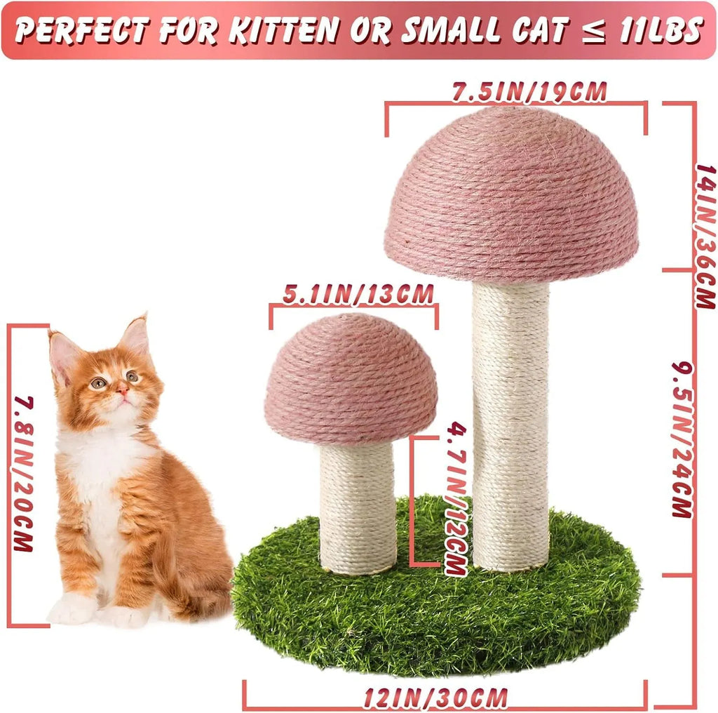 Pink mushroom-shaped cat scratching post with natural sisal caps for kittens