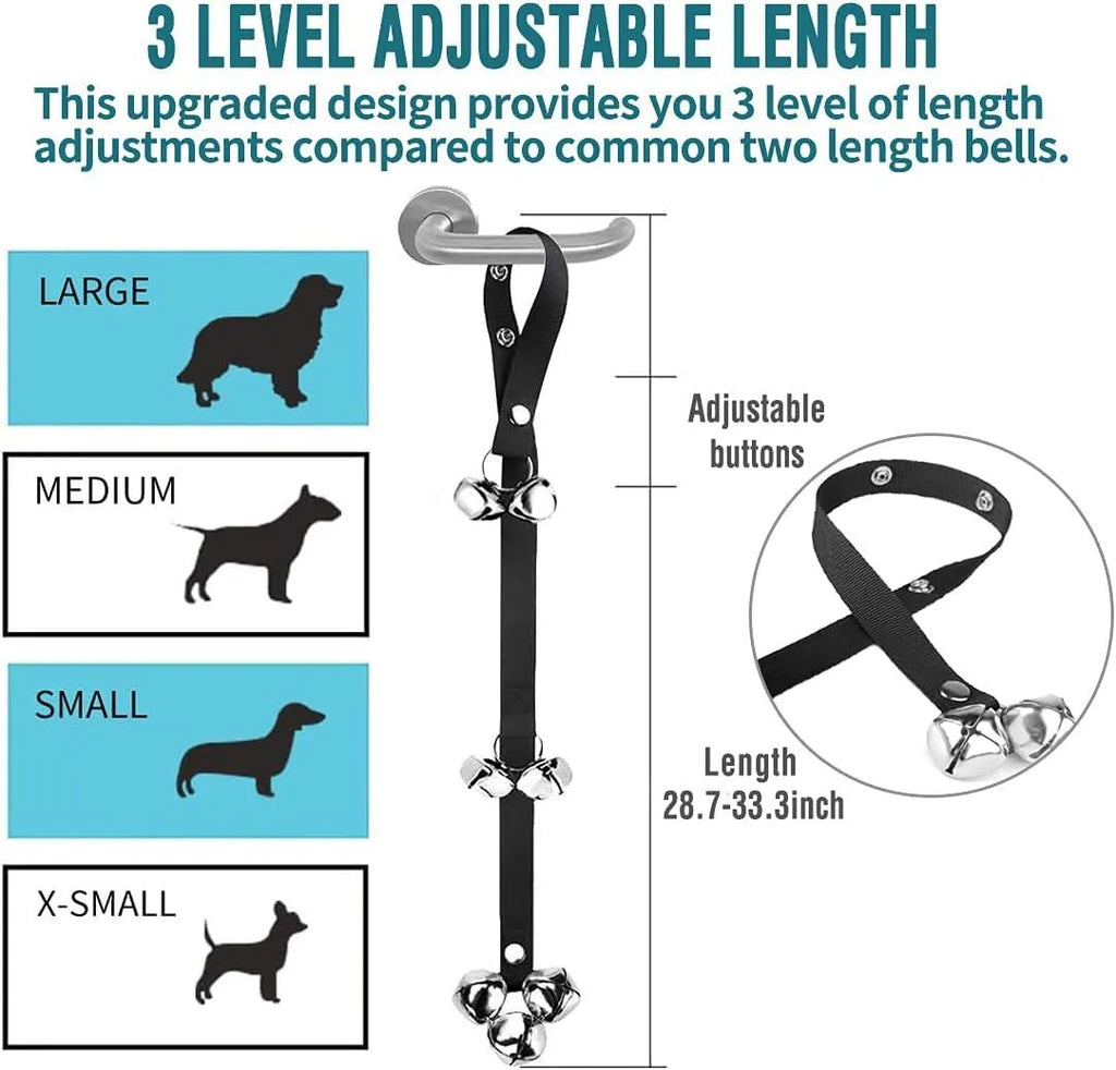 Dog training doorbell with seven silver metal bells on adjustable nylon strap for toilet training