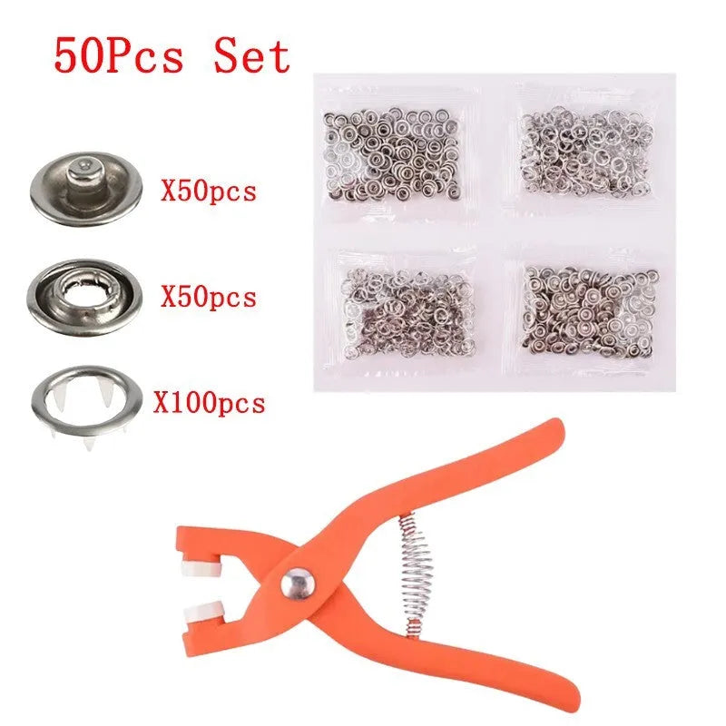 Five claw no-sew stainless steel button for children's clothing measuring 9.5mm with application pliers