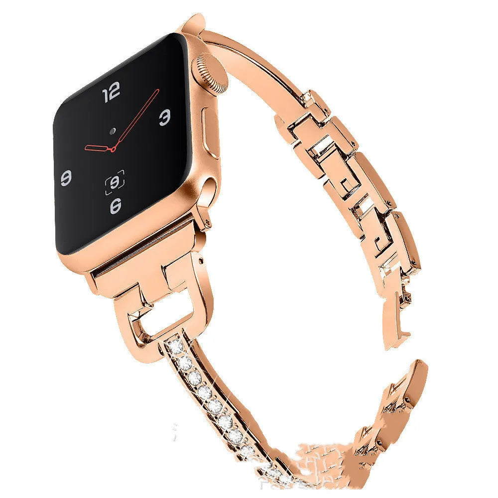 Apple Watch compatible smart watch with D-shaped metal diamond strap in multiple colour options