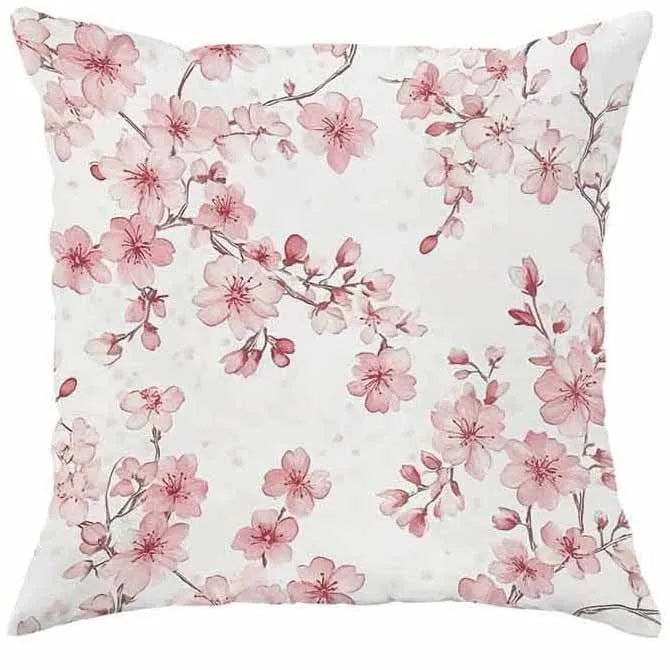 Square short velvet cushion cover with cherry blossom and letter design in 45x45cm size.