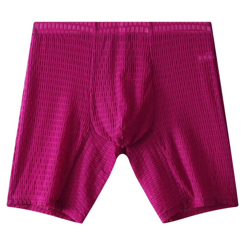 Men's white lace boxer shorts showing transparent knitted nylon construction and mid-waist design