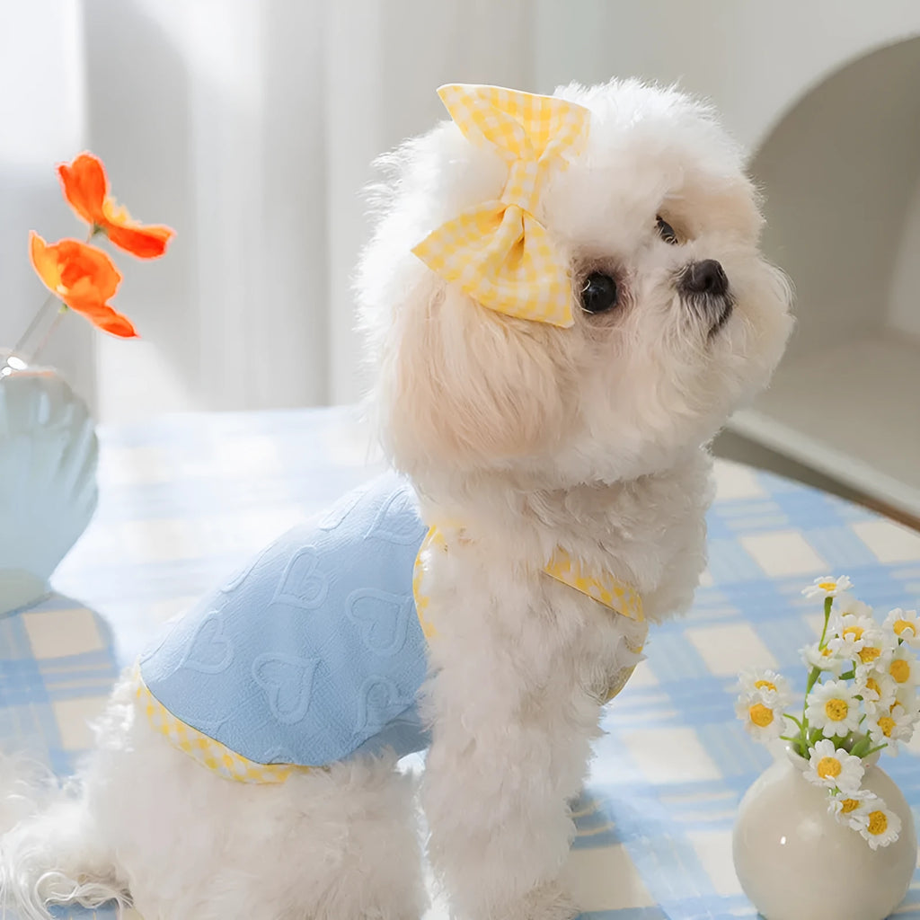 Small dog vest with heart relief texture bow suspenders in elastic polyester fabric