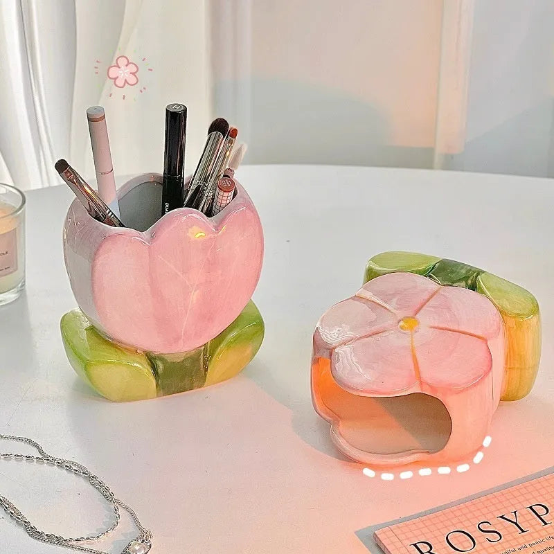 Ceramic desktop pen holder with floral pattern storage box for desk organisation