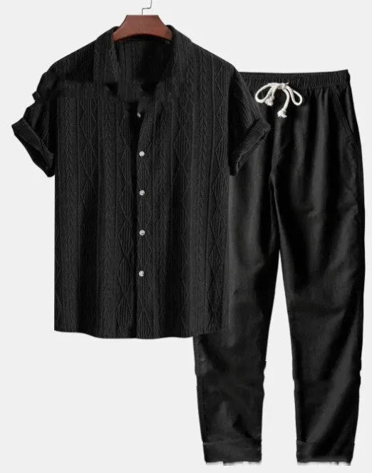 Men's loose-fit short sleeve shirt and trousers suit in milk silk fabric for summer.