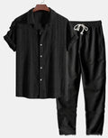 Men's loose-fit short sleeve shirt and trousers suit in milk silk fabric for summer.