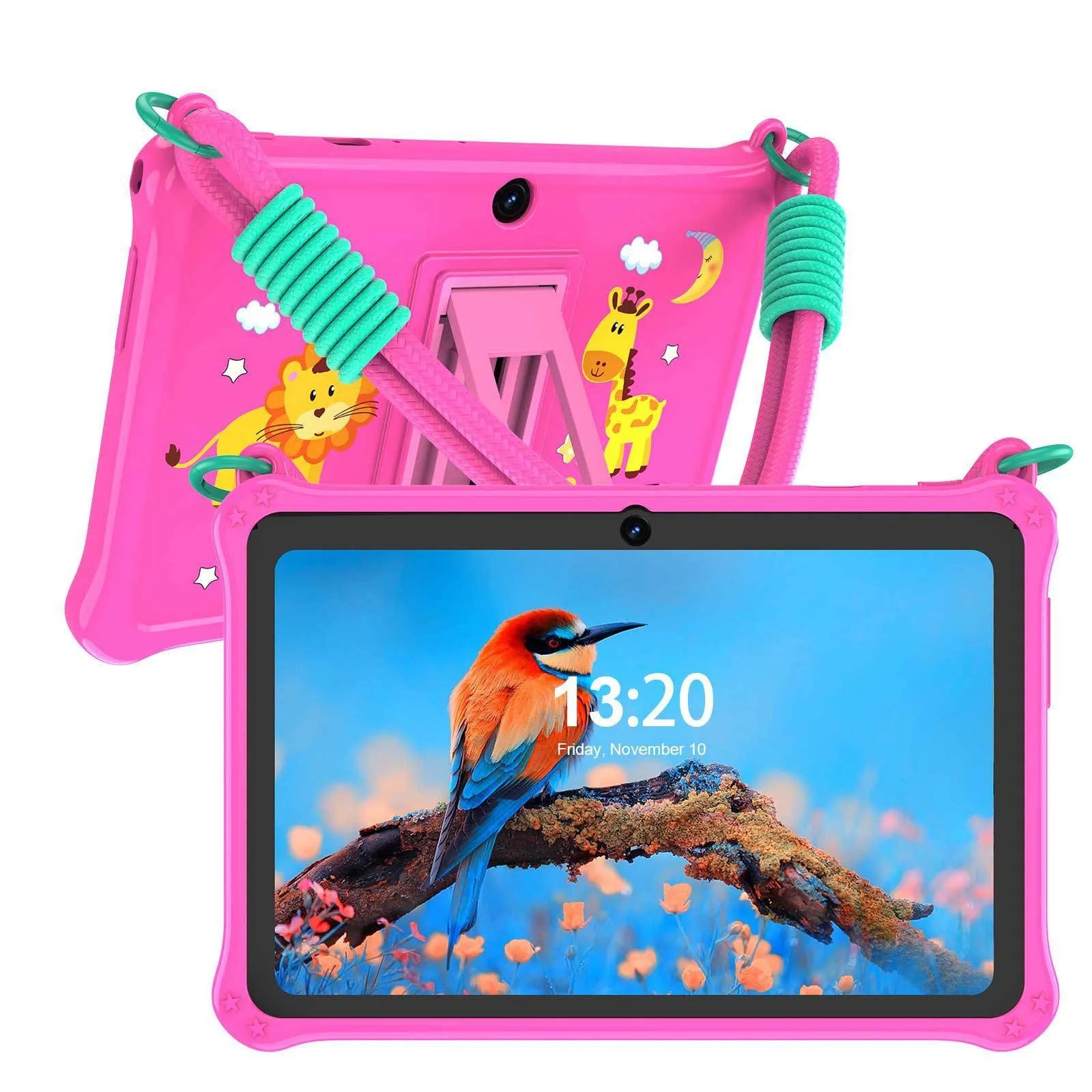 7-inch children's tablet silicone protective case in dark pink with flat carrying strap