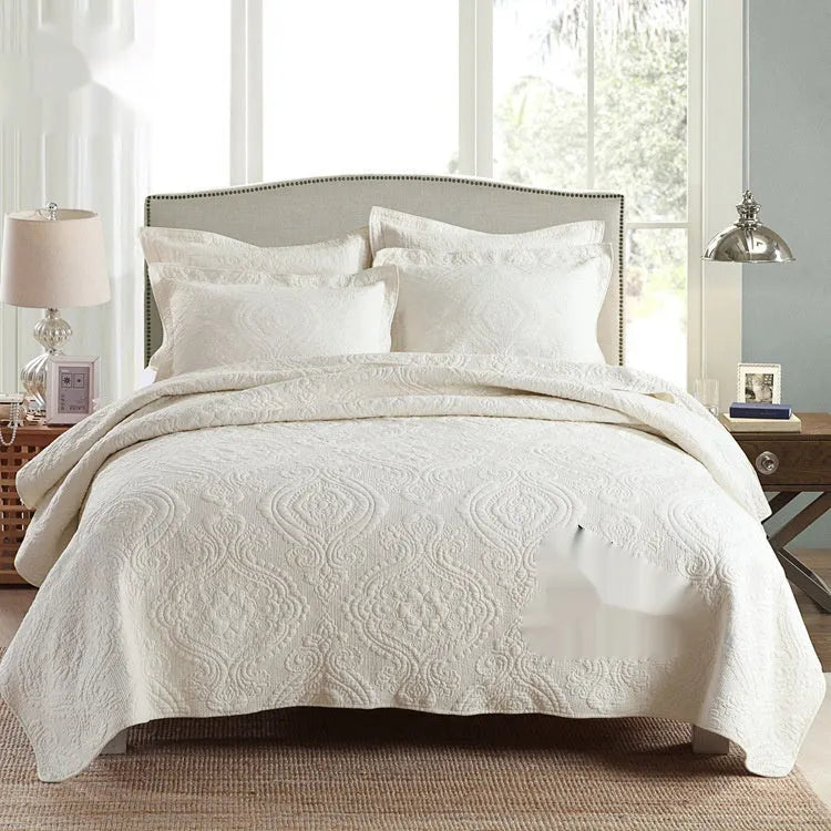 Pure cotton bed cover three-piece set in solid colours with embroidery detail for standard double beds