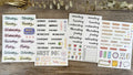 Set of printed English letters, numbers, and weekday word stickers in multiple colours for crafts and organisation