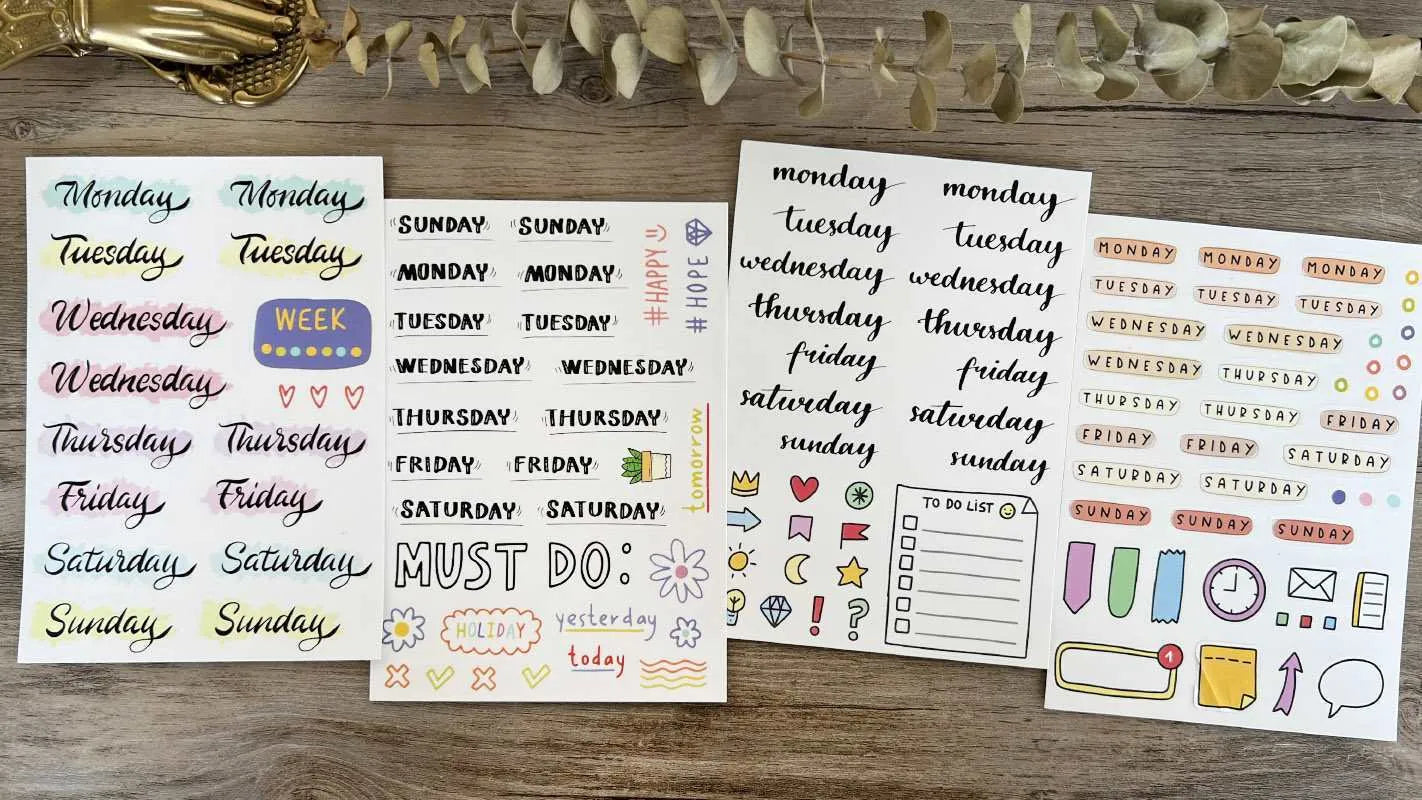 Set of printed English letters, numbers, and weekday word stickers in multiple colours for crafts and organisation