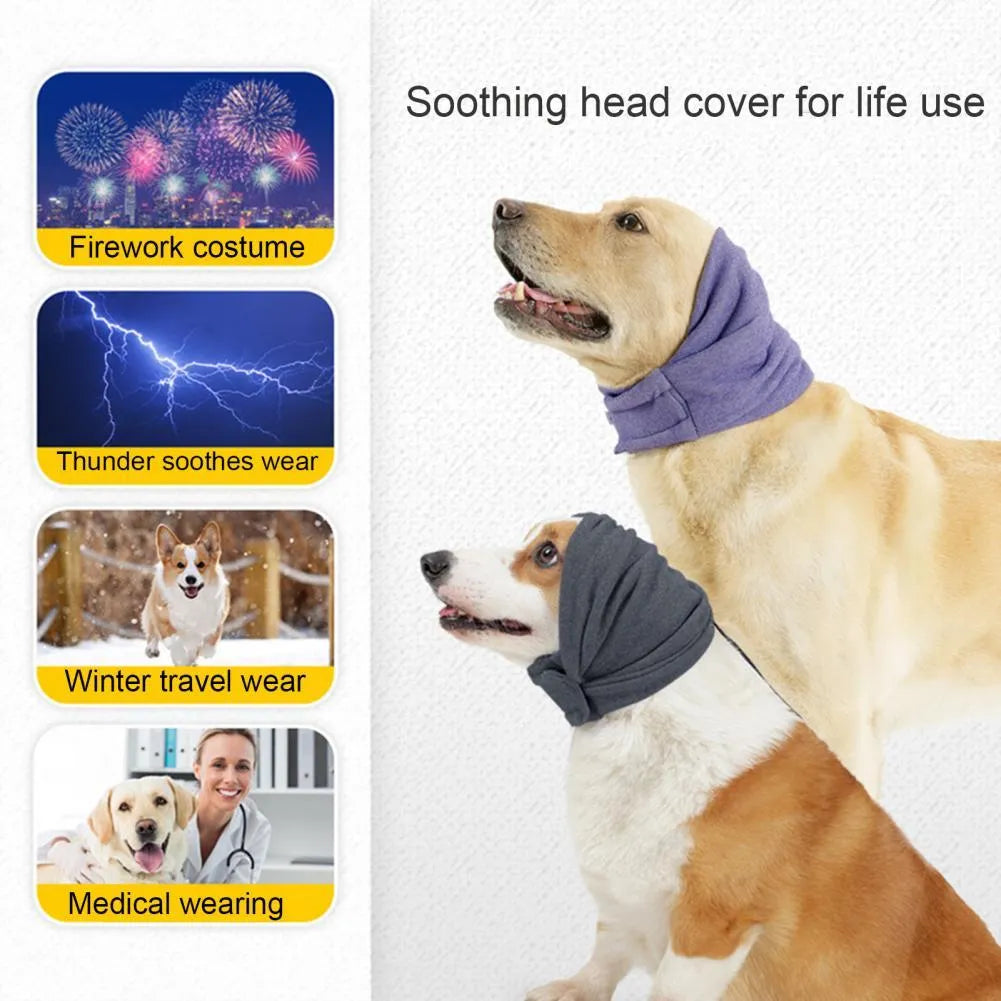 Dog wearing black calming hoodie covering ears with hair protection and scarf function