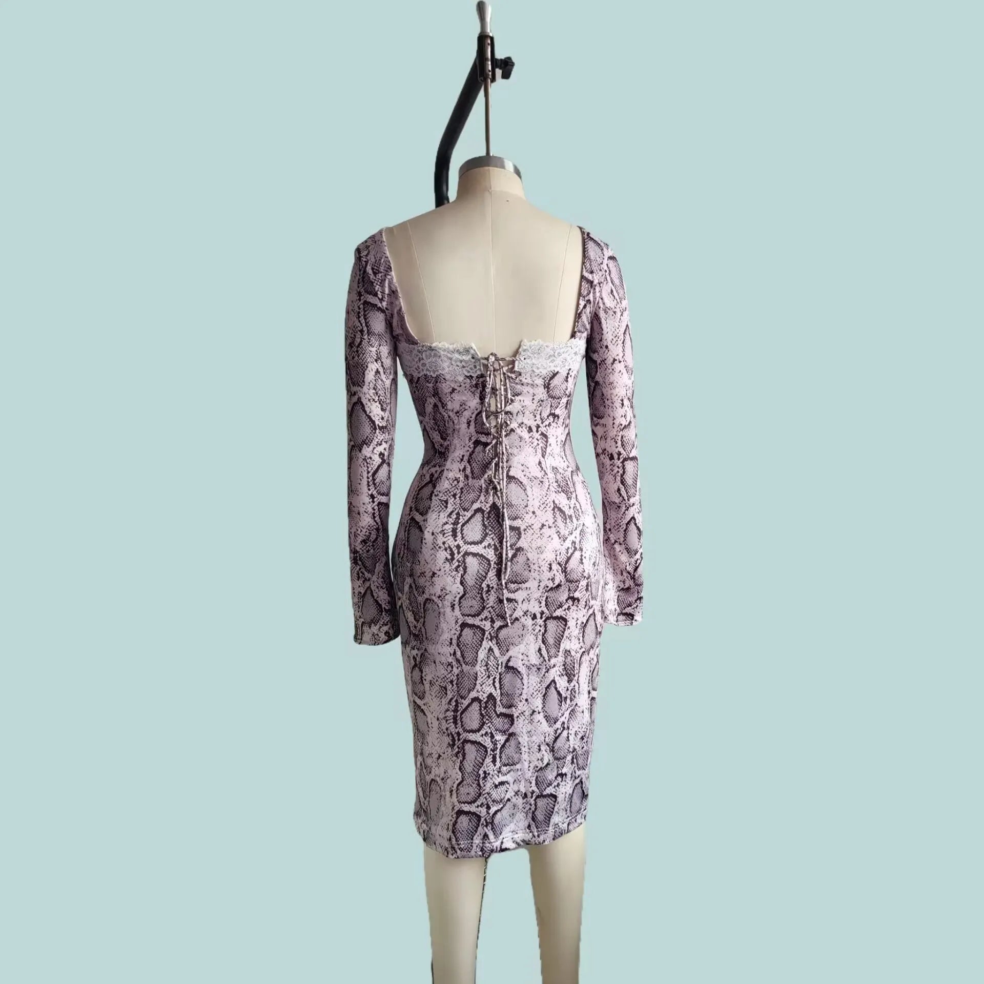 Grey digital printed slim fit dress with 3D pattern, A-line skirt and long sleeves