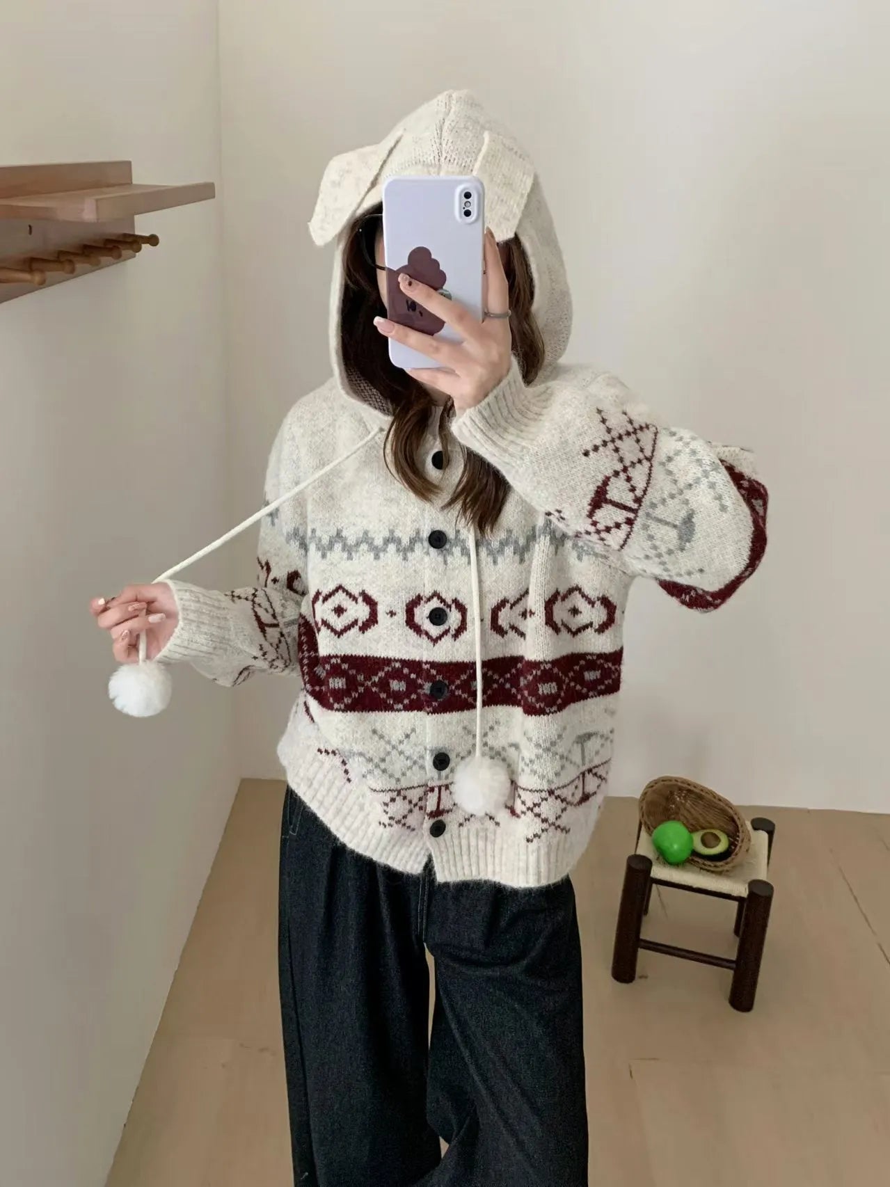 Geometric pattern brocade sweater coat for plus size women in loose fit with long sleeves