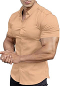 Men's short sleeve printed casual shirt with collar in cardigan style, shown in a dark blue colour.