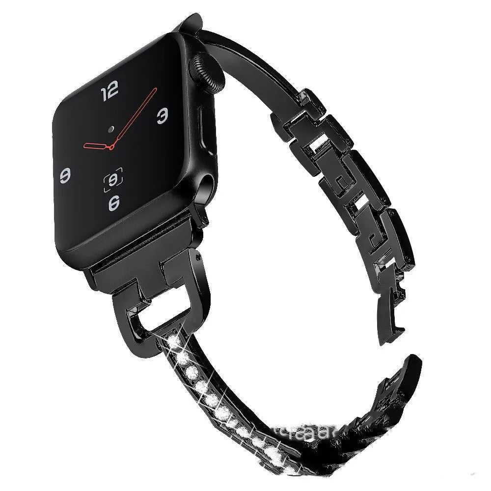 Apple Watch compatible smart watch with D-shaped metal diamond strap in multiple colour options