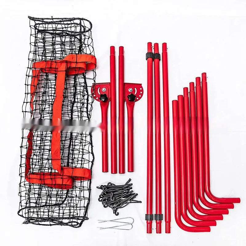 Red metal frame portable baseball training net folded to 95cm long