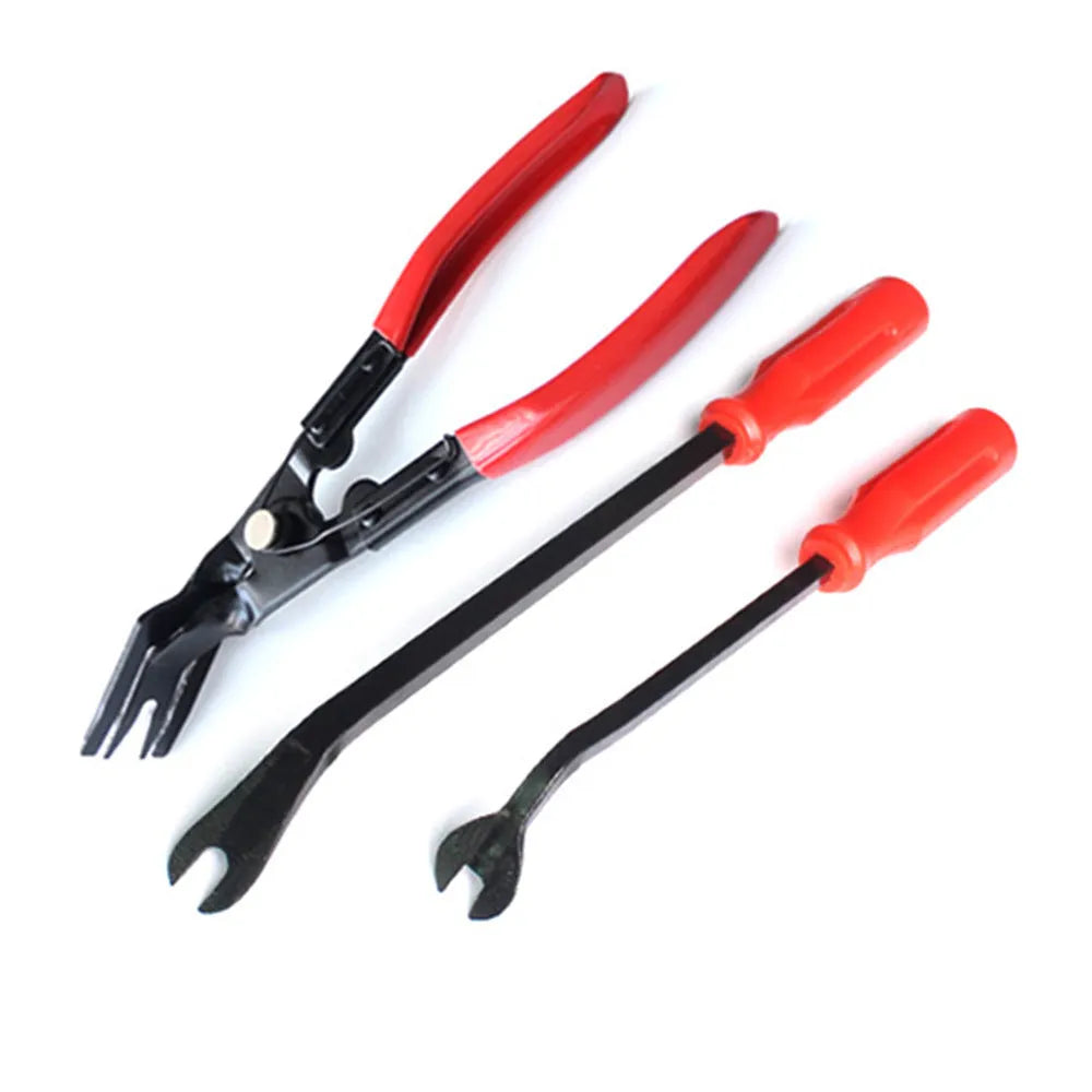Red-handled steel automotive nailing tool for General Motors door panels