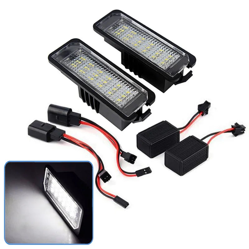 Volkswagen LED licence plate light unit for Golf, Polo, Phaeton models with plug connector.