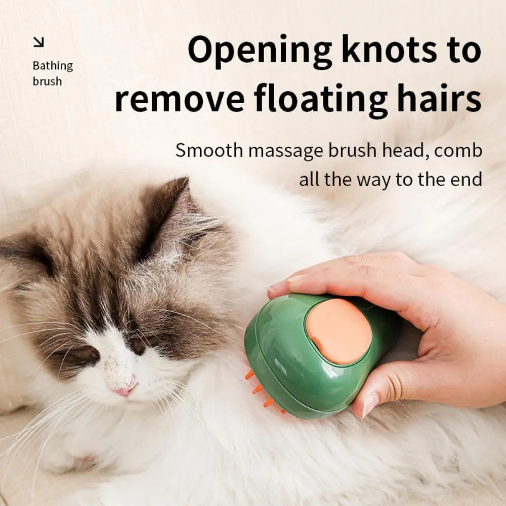 Green and white rechargeable cat steam brush with water spray nozzle and soft silicone teeth.