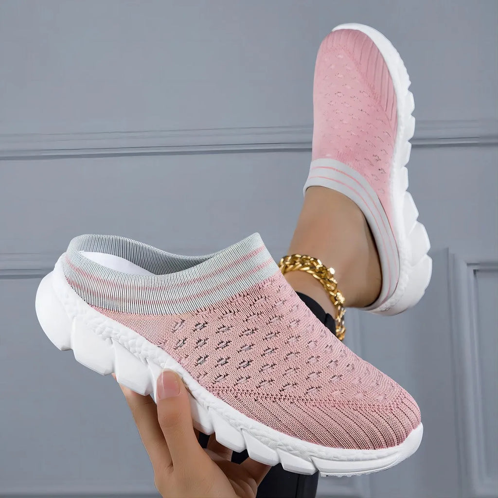 Women's striped Flyknit slipper shoes with hollowed-out design in black, pink and purple colour options
