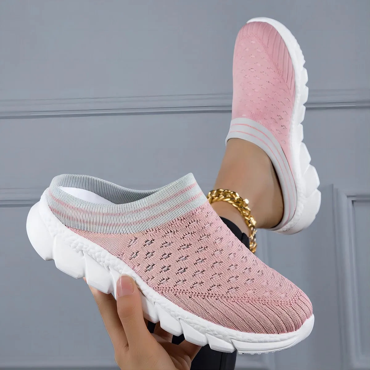Women's striped Flyknit slipper shoes with hollowed-out design in black, pink and purple colour options