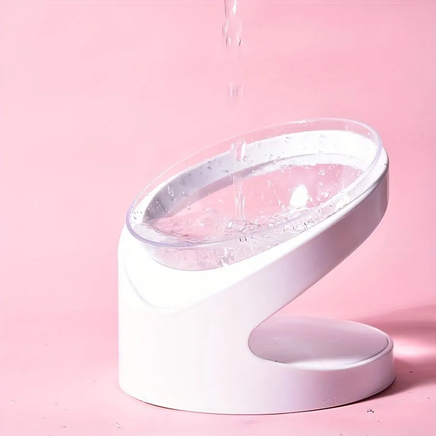 White elevated cat food bowl with tilted anti-vomit design for ergonomic feeding