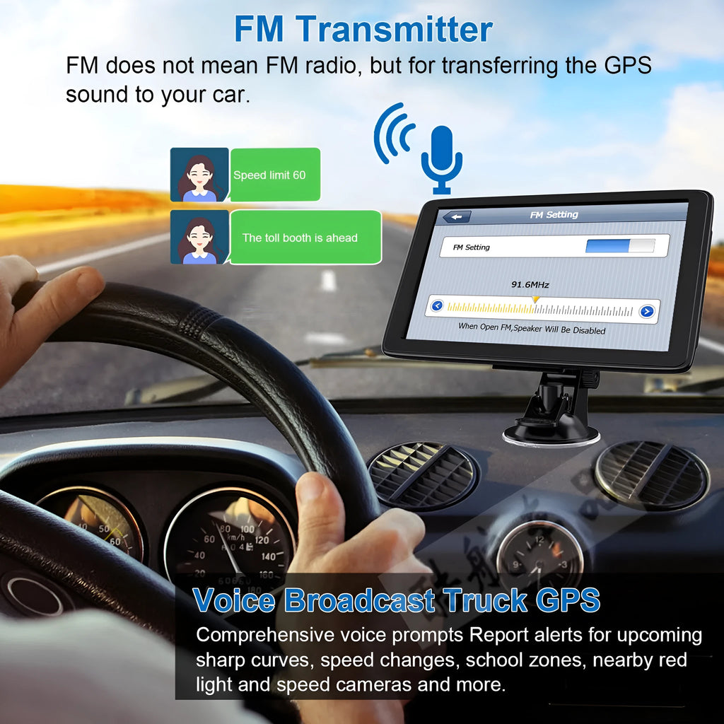 7 inch portable car GPS navigation device with HD touch screen on a dashboard bracket.