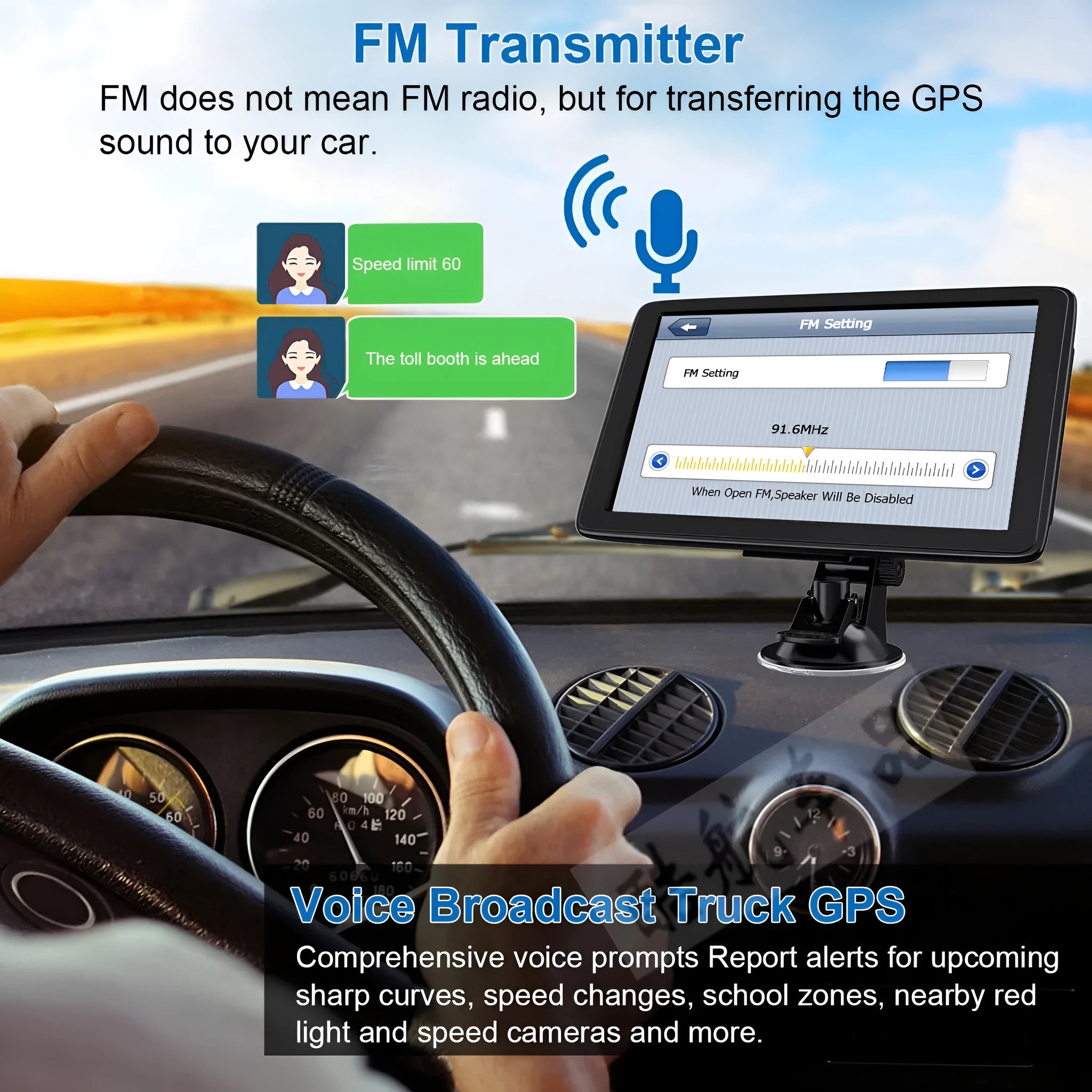 7 inch portable car GPS navigation device with HD touch screen on a dashboard bracket.