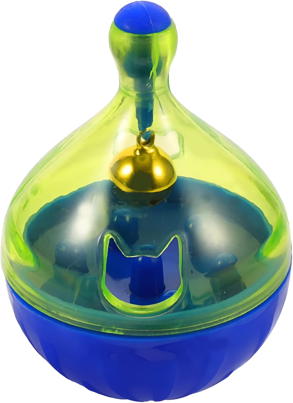 Blue and white tumbler-shaped interactive pet treat dispenser ball for dogs and cats