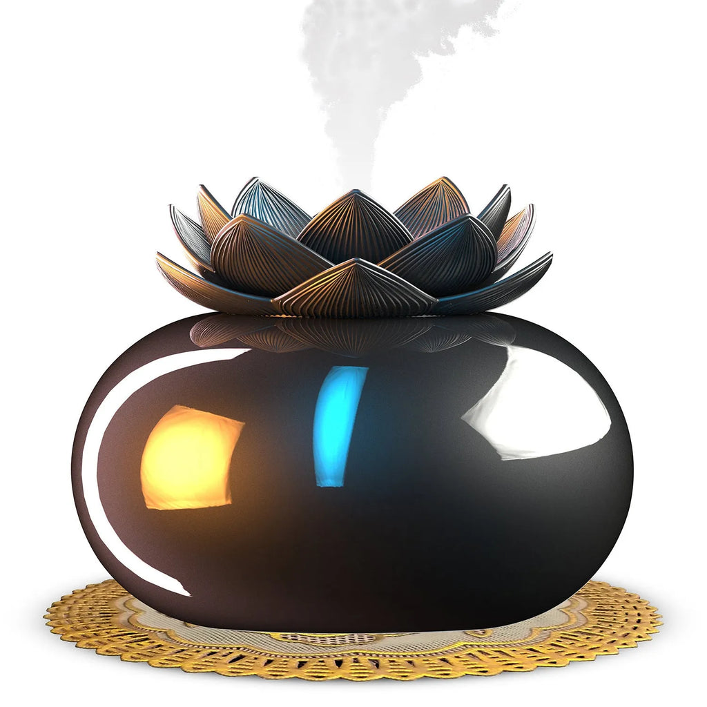 Pure black lotus aromatherapy humidifier with USB cable and round ceramic diffuser
