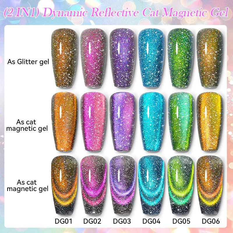 Cat eye series UV gel nail polish bottle with diamond glitter in one of six colour options.
